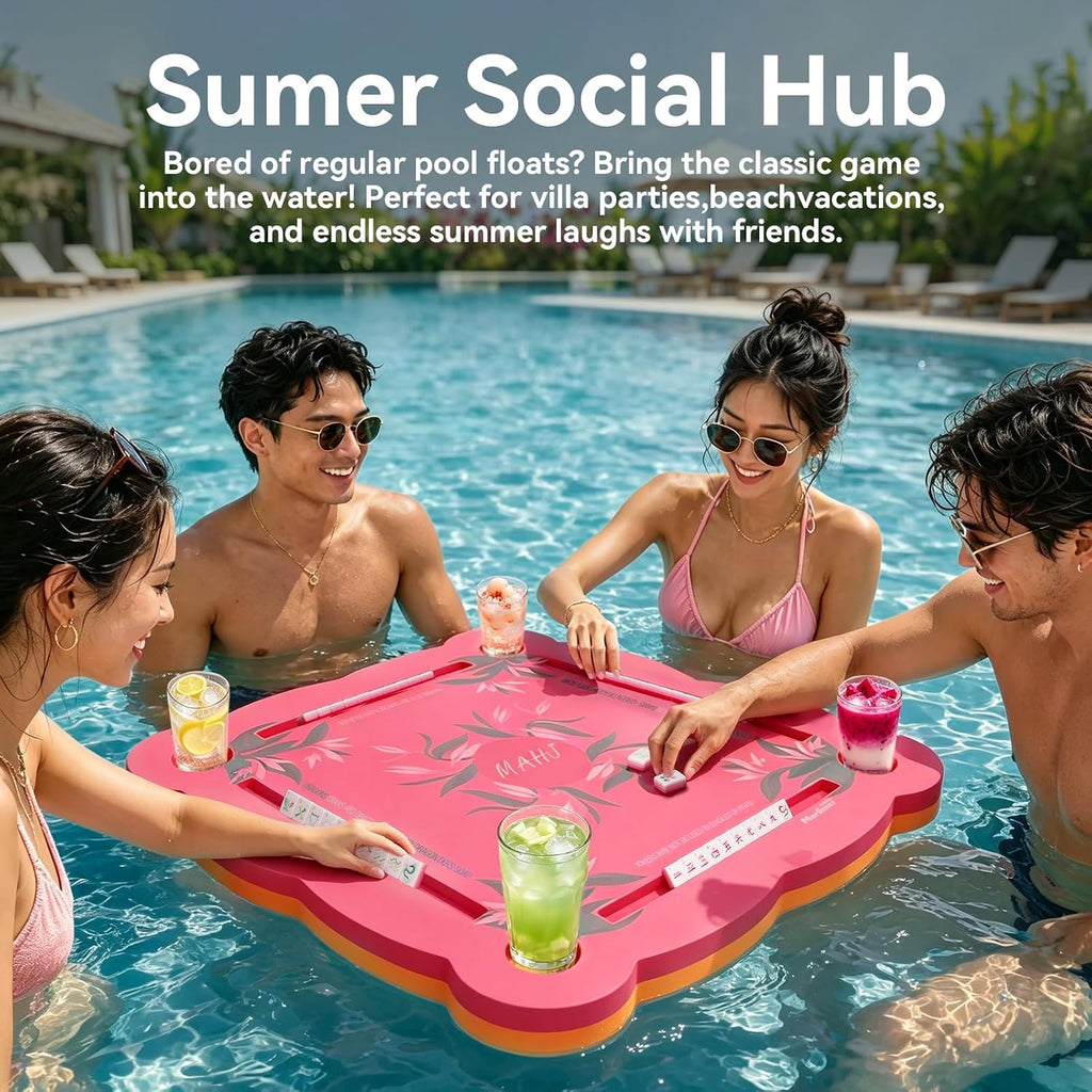 Luxury Floating Mahjong Table for Pool,31.5" EVA Foam Pool Float Board Game Tray with Cup Holders & Tile Slots, American Mahjong Summer Party Supplies (Orchid Bloom Series)(Rose Pink)