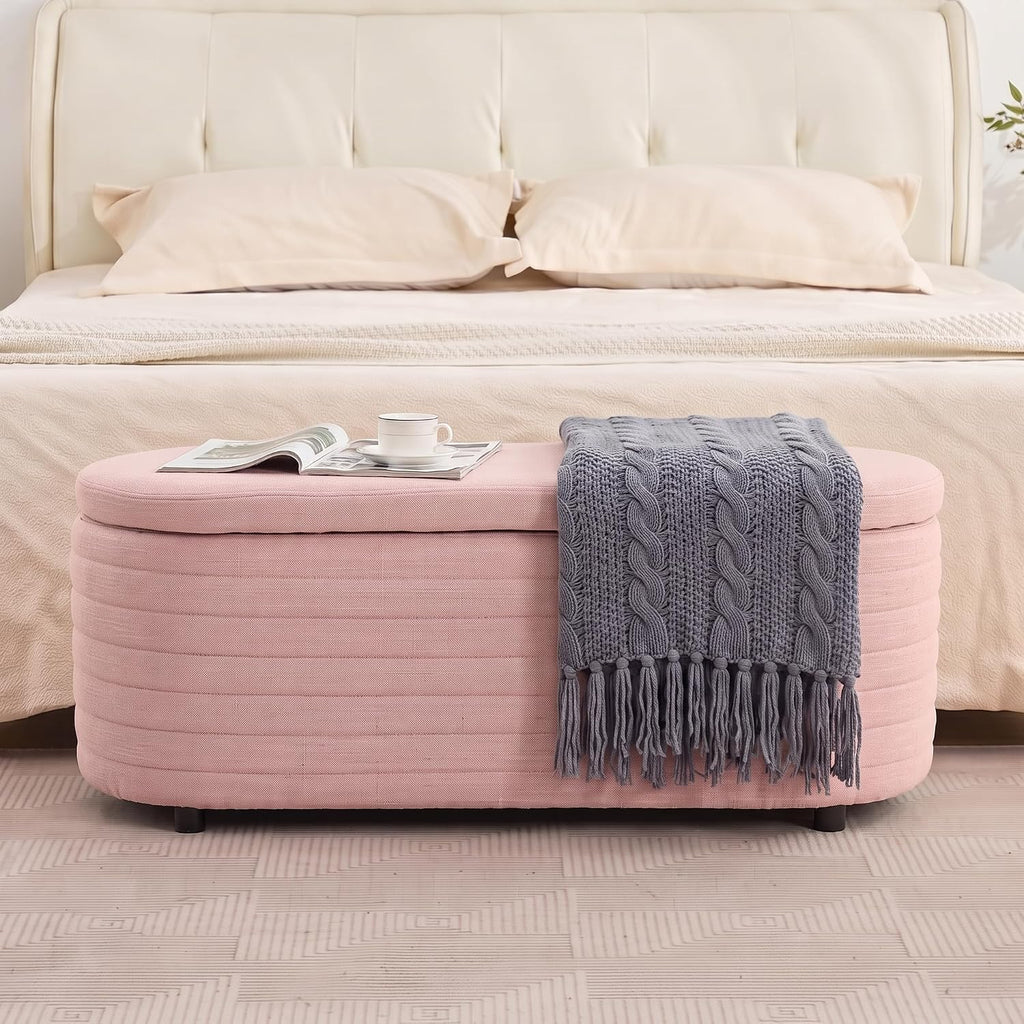 45.5" Modern Storage Ottoman Bench, Pink | Boucle Bench, Linen Fabric, Slow-Close Safety Hinge, Hidden Storage, Upholstered Seat, for Living Room Entryway End of Bed