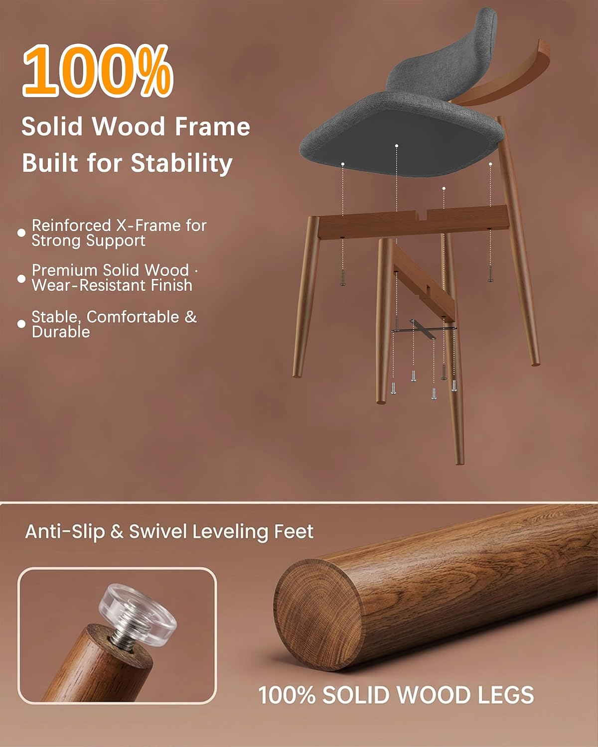 Solid Wood Dining Chairs Set of 2, Mid‑Century Modern Square Seat Cushion Chairs with Extra‑Thick 1.6" Legs and Curved Back, Heavy‑Duty Kitchen & Dining Room Chairs, Dark Grey
