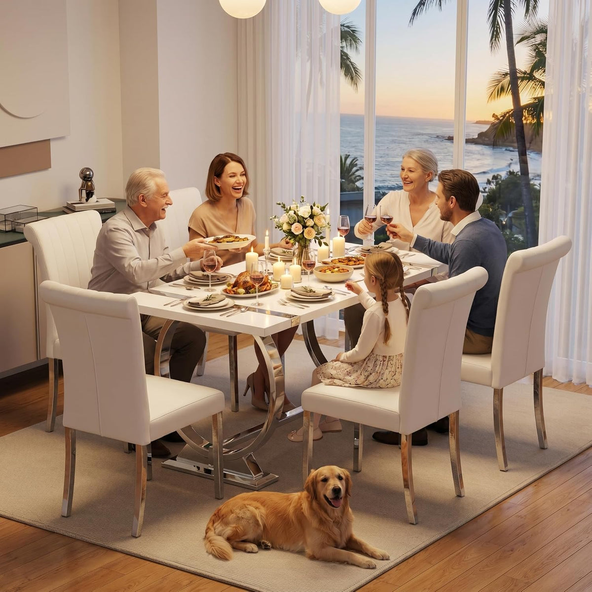Asday 60" White and Silver Dining Table for 4-6, Modern Rectangle Wood Kitchen Table with Mirrored Chrome U-Shaped Metal Base for Dining Room, Kitchen, Dinner
