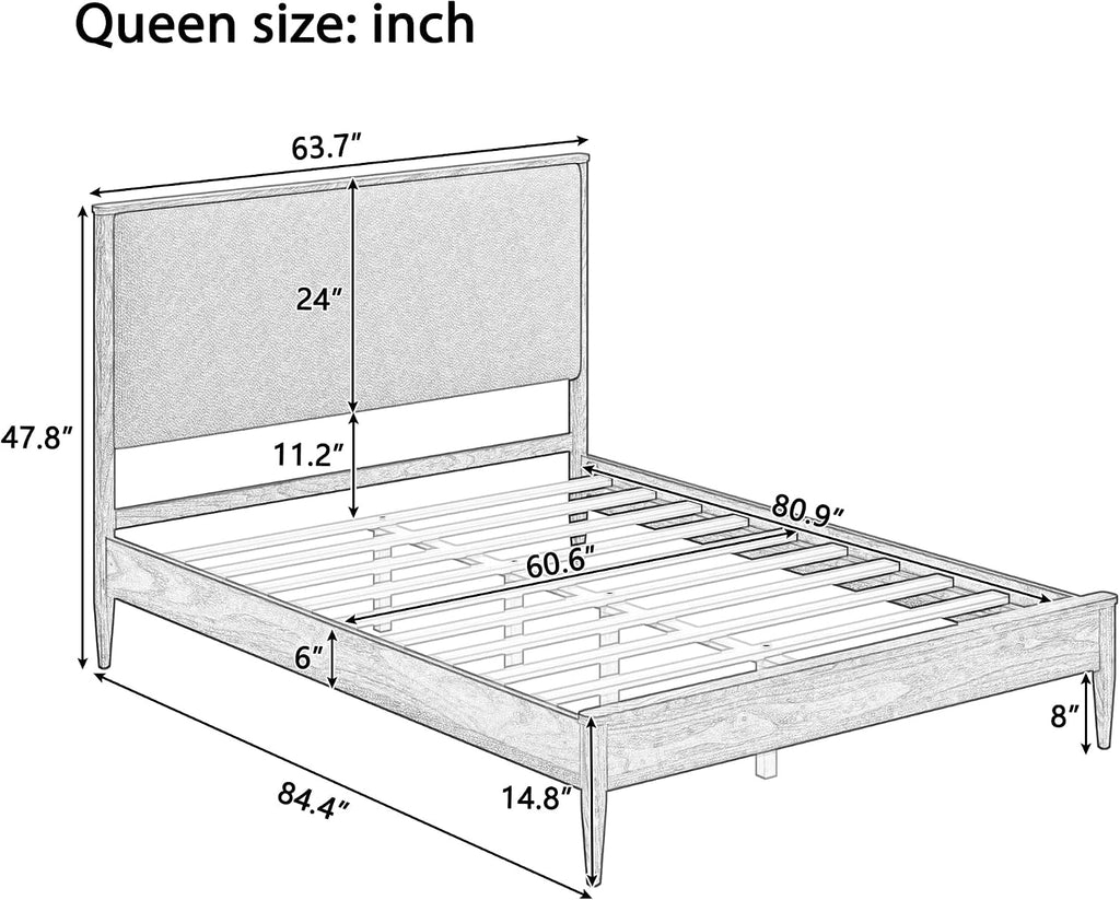 SOFTSEA Solid Wood Queen Bed Frame with Upholstered Headboard, Mid Century Modern Platform Bed Queen Size with Tapered Legs, Walnut