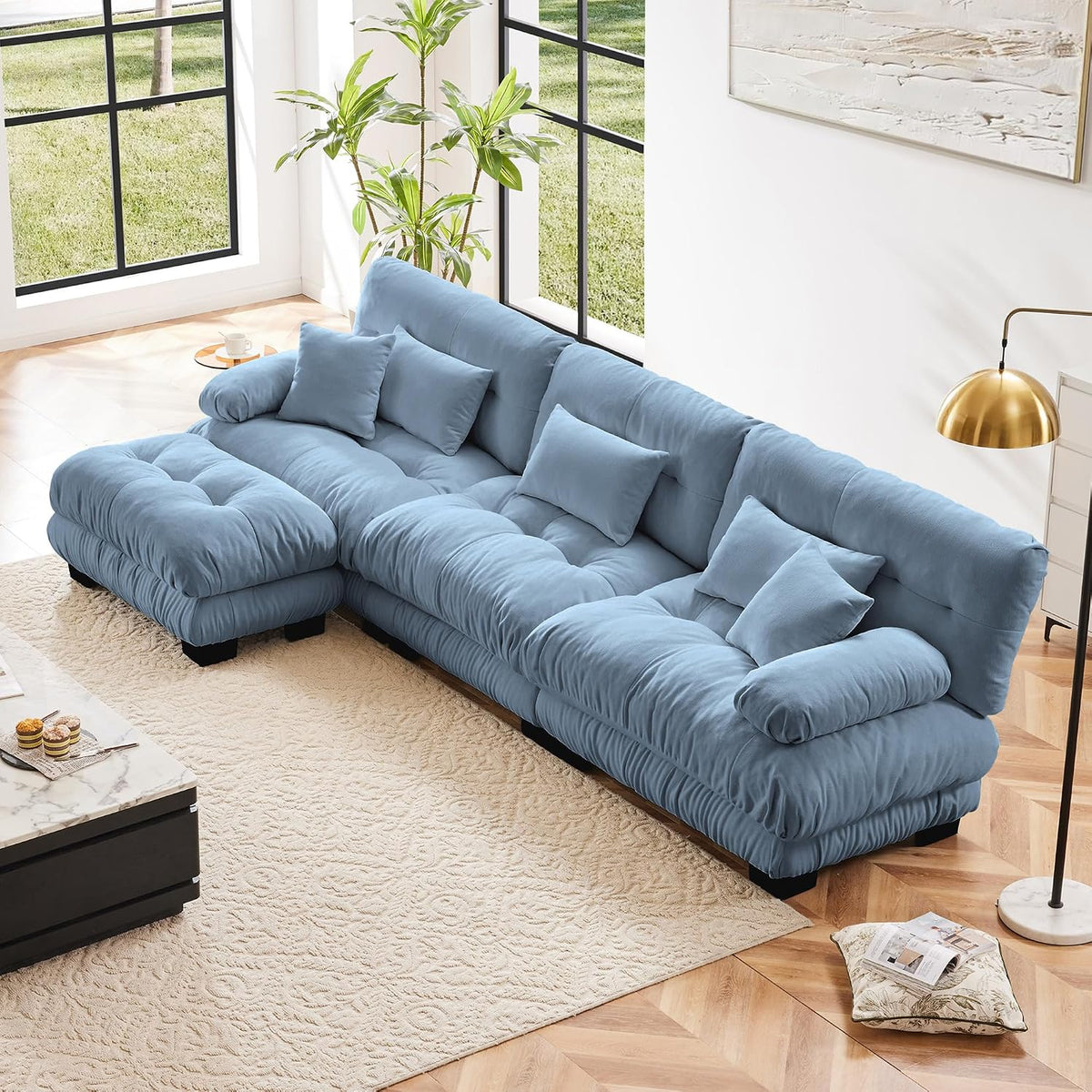 Oversized Modular Velvet Sectional Cloud Sofa Couch with Movable Ottoman,Corner Sofa with Comfortable Armrests, Deep Seat, Convertible L or U Shaped Couch (Sky-Light Blue, 3 Seat + 1 Ottoman)
