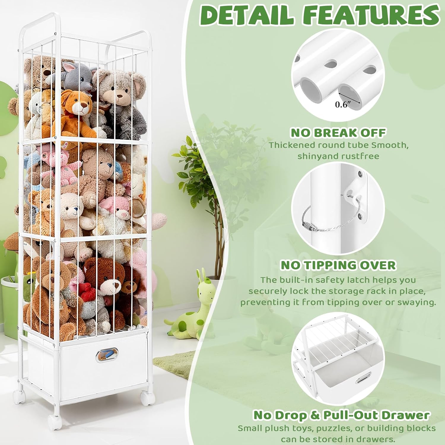 Stuffed Animal Storage, Metal Stuff Animals Zoo Holder with Fabric Drawer and Wheels Tall Vertical Plushies Toy Organizer Plush Storage Cage with Elastic Band for Nursery Playroom Corner