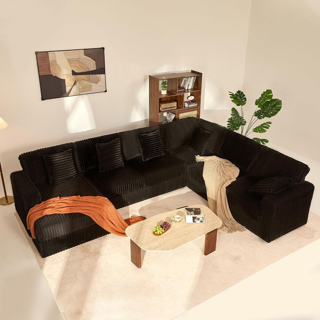 GOSUHI 139" U-Shaped Cloud Couch, Modular Sectional, Deep Seats, Black | Pocket Spring Cushions, Oversized 7-Seater, Left Facing Chaise, Corduroy Upholstery Couches for Living Room