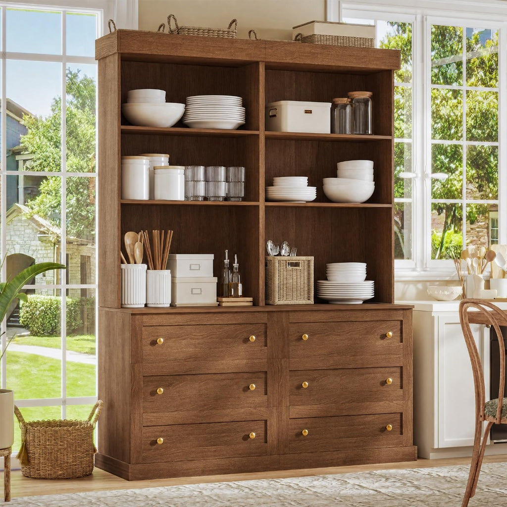 71" Farmhouse Kitchen Pantry Cabinet with Drawers, Set of 2 – Dark Brown Freestanding Coffee Bar Hutch with Adjustable Shelves, Large Storage Cabinet with Microwave Stand for Living Room & Kitchen