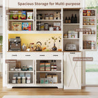 70.9" Tall Farmhouse Pantry Cabinet with Pull-Out Storage Cart & LED Lights, Large Kitchen Hutch with Charging Station, 9 Doors 4 Drawers Adjustable Shelves for Dining Living Room, White