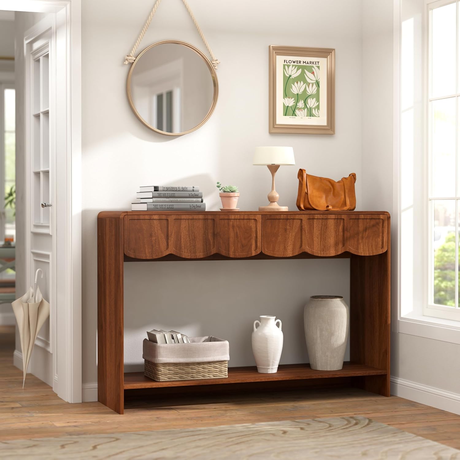 ORRD Console Table with Drawers, Mid-Century 43 Inches Narrow Entryway Tables with Open Storage Shelves, Hallway Accent Tables Behind Couch Table for Living Room - Walnut