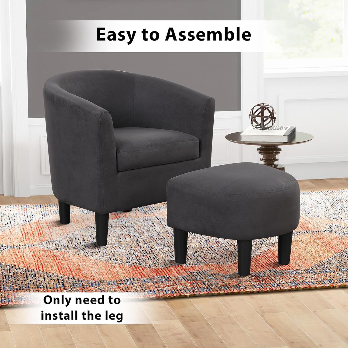 INZOY Modern Accent Chair with Ottoman for Small Space, Club Chair with Ottoman Set, Comfy Fabric Barrel Reading Chairs for Living Room Bedroom, Round Reading Chair with Foot Rest, Dark Grey