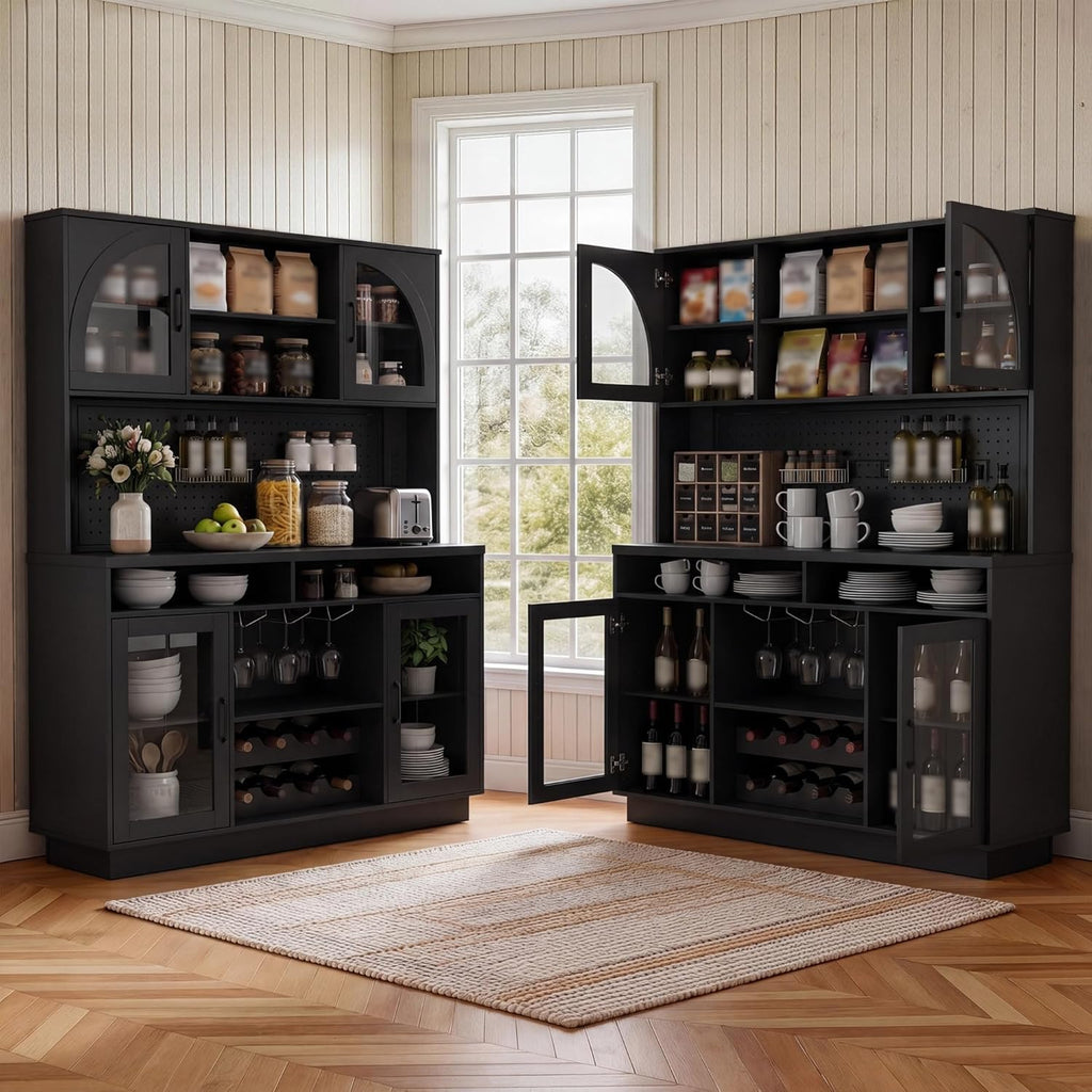 BINGTOO 71" Tall Kitchen Pantry Cabinet with Charging Station, 54" Large Kitchen Hutch with LED Lights & Pegboard, Coffee Bar Cabinet with Wine Rack and Adjustable Shelves (Black, 1 Cabinet)
