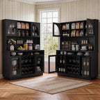 BINGTOO 71" Tall Kitchen Pantry Cabinet with Charging Station, 54" Large Kitchen Hutch with LED Lights & Pegboard, Coffee Bar Cabinet with Wine Rack and Adjustable Shelves (Black, 1 Cabinet)