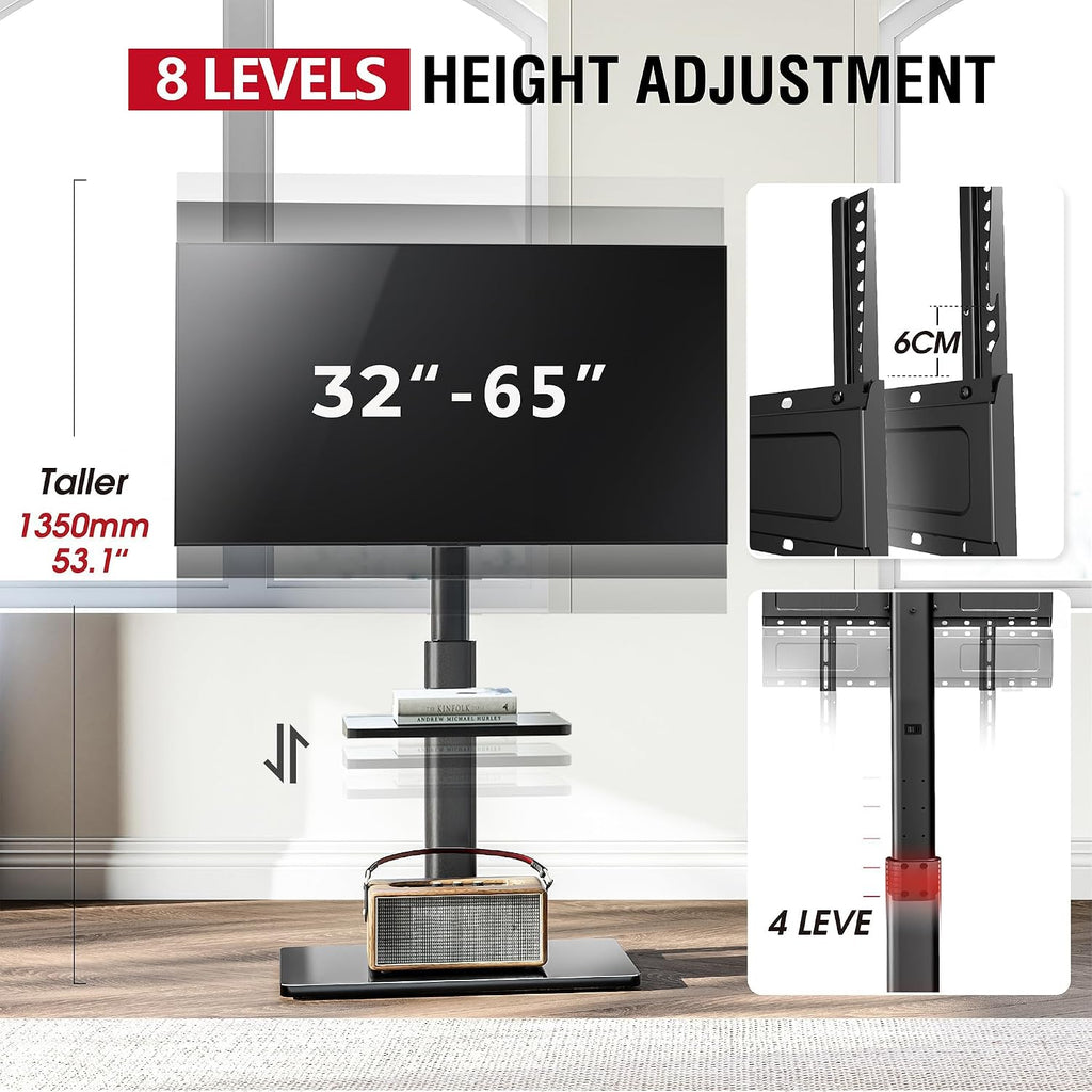 AOKCOS Floor TV Stand with 60-Degree Swivel, TV Floor Stand for 32-65 inch TVs up to 88lbs with Tilt, 8 Level Height Adjustable Tall TV Mount Stand with Shelf, Tempered Glass Base, MAX VESA 400x400mm