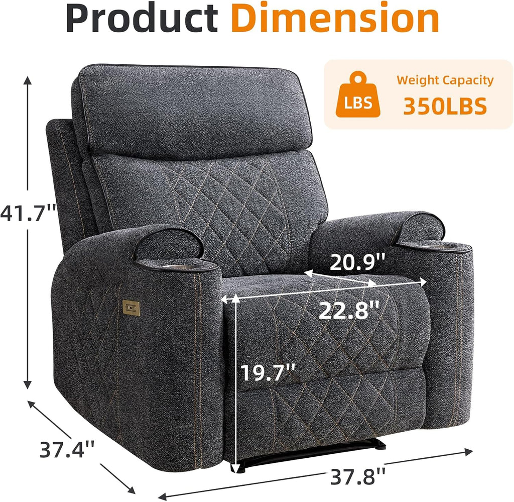EBELLO Power Recliner Chair, Electric Fabric Reclining Sofa with Cup Holders, USB Type-C Charging Ports, for Small Living Room, Bedroom and Meeting Room, Grey