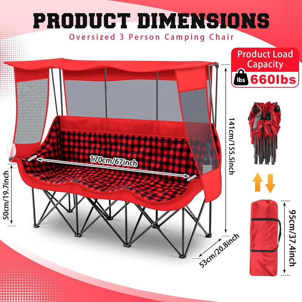 Teenyyou 3 Person Camping Chair with Canopy – Ultimate UV Sun Protection, 700lbs Heavy Duty Oversized Beach Chair, Foldable Portable Sofa with Cup Holder & Storage for Beach Lawn Outdoor(Red Black)