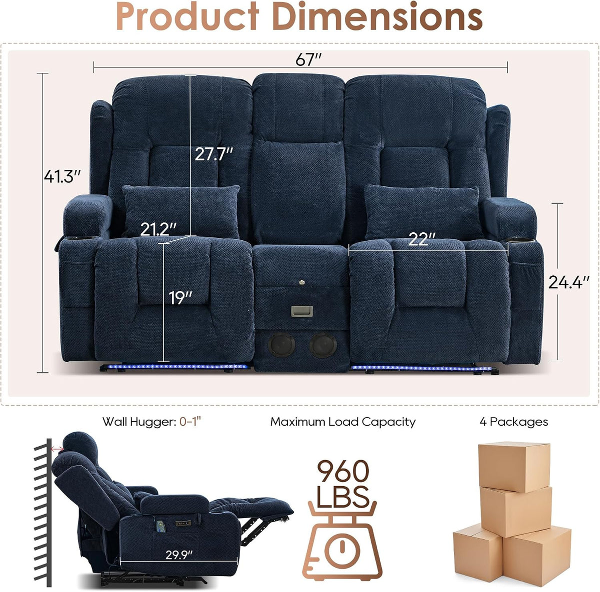 TUNYI Wall Hugger Power Loveseat Recliner - RV Reclining Loveseat with Console Theater Seating RV Recliner Sofa with USB/Outlet//Cup Holder/LED Light/Side Pocket (Dark Blue, Loveseat)
