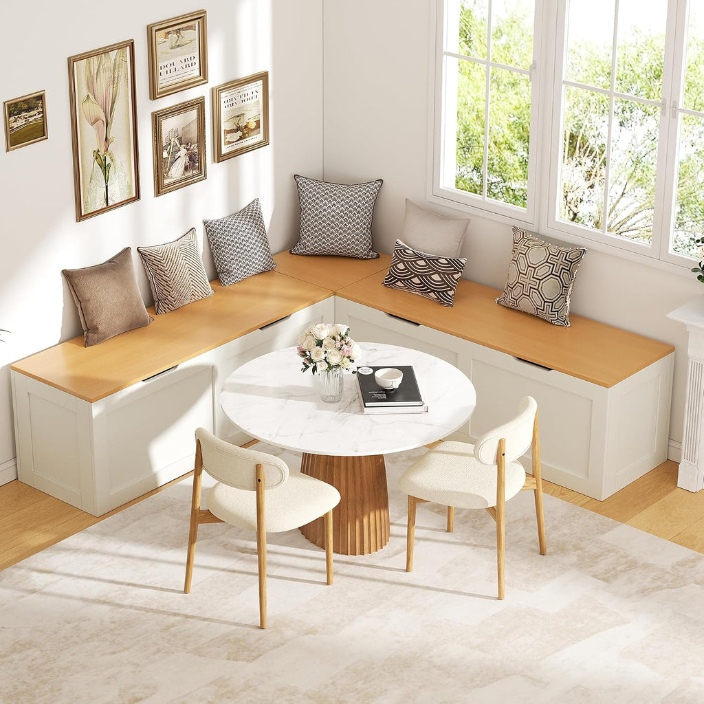 L Shaped Bench with Storage, 63" Breakfast Nook Benches, Wood Kitchen Corner Dining Bench Seating for Entryway Dining Room, Kitchen, Oak and White
