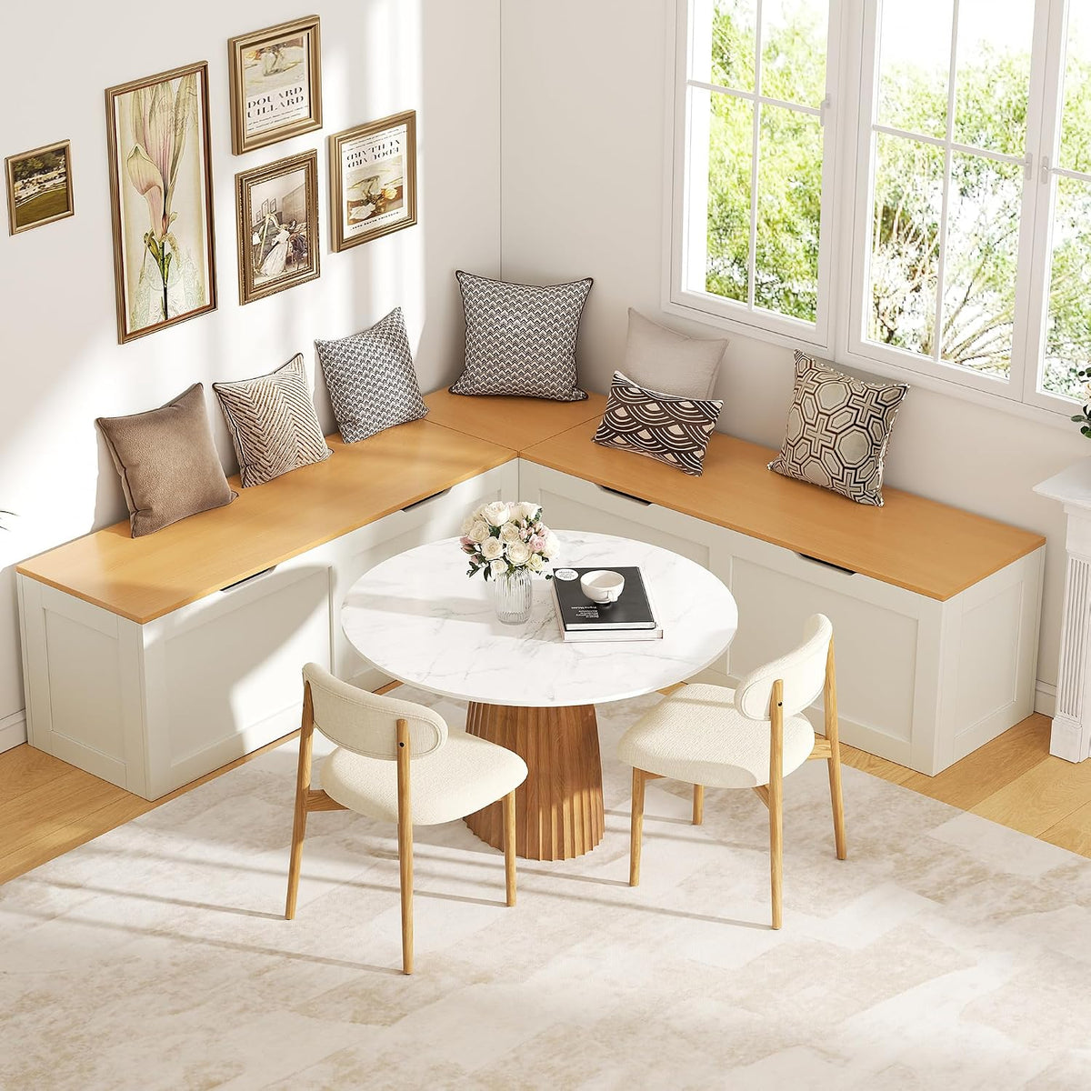 L Shaped Bench with Storage, 63" Breakfast Nook Benches, Wood Kitchen Corner Dining Bench Seating for Entryway Dining Room, Kitchen, Oak and White