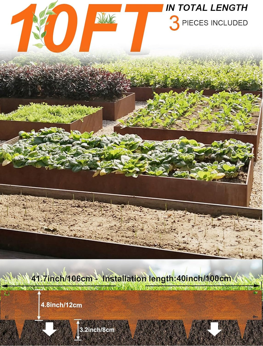 Vinci Landscape Edging Border, 40" L x 8" H 3Pack 10FT Total Rusted Corten Steel Garden Edging,Easy Installation,Sturdy Elegant Metal Lawn Broder for Flower Beds, Pathways, Paver Edges and Yard