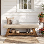 Tribesigns 55" Solid Wood Bench with Cushion and Shoe Storage, 2-Tier Upholstered Entryway Bench Farmhouse Entry Way Bench for Bedroom, Hallway, Natural Wood