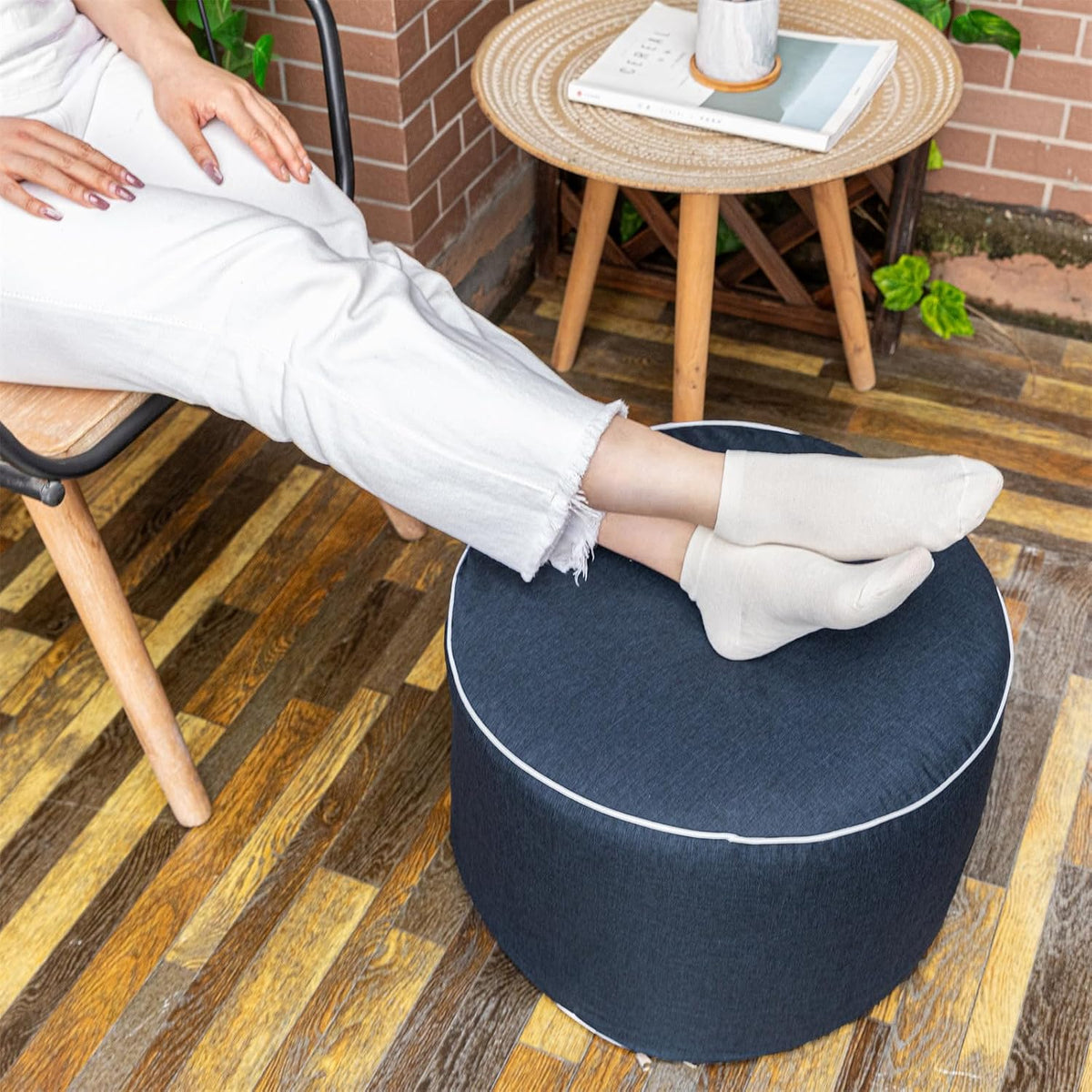 Outdoor Ottoman Outdoor Ottomans for Patio 20x12 Inches Modern Lightweight Foam Stuffed Pouf Outdoor Footstool Footrest Foot Stool Waterproof (Navy Blue)