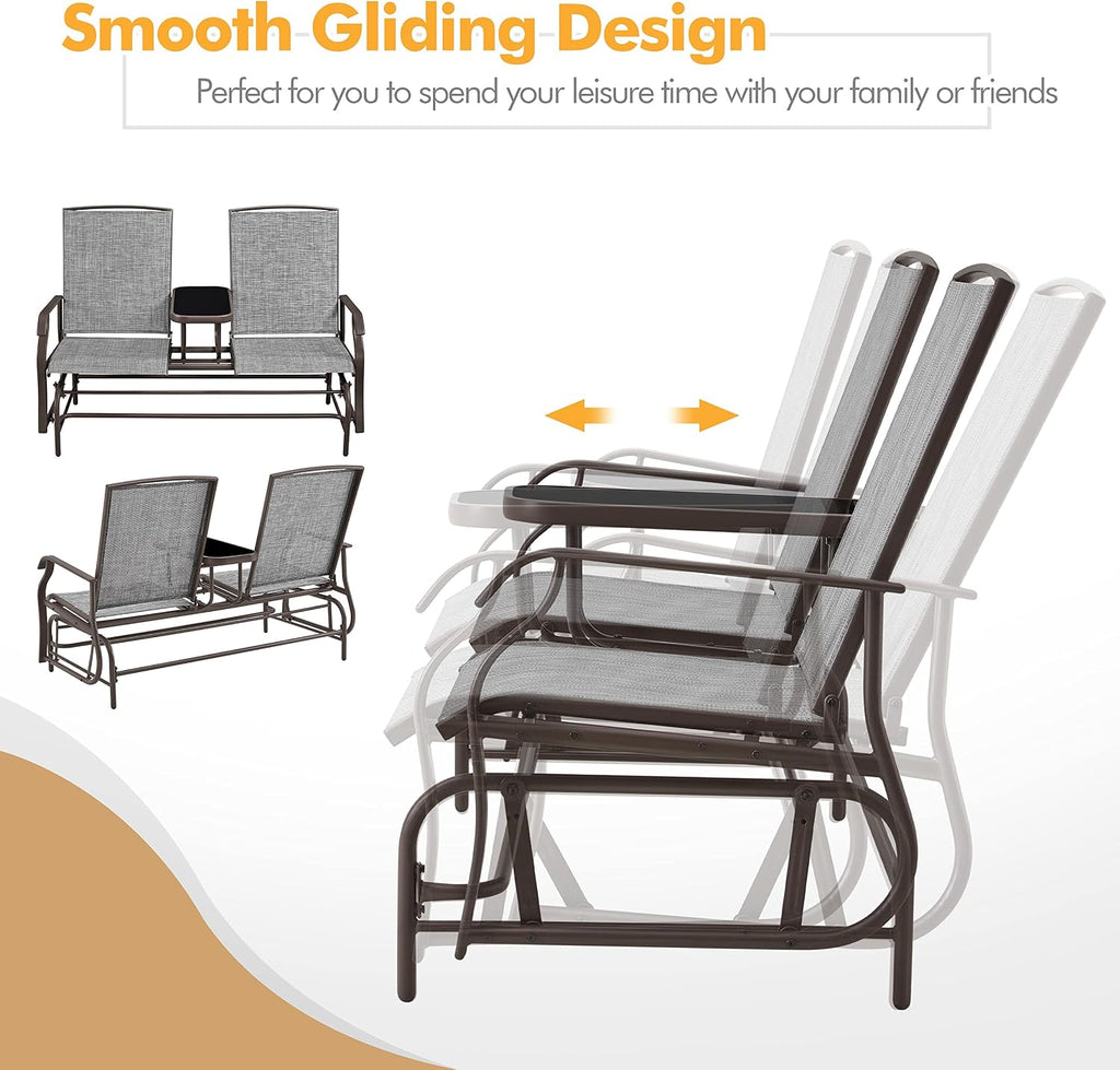 Yaheetech Outdoor Glider Bench Patio Loveseat with Table, Gray | Steel frame, Texteline fabric and tempered glass table provide comfort, easy assembly, and roomy two-person outdoor seating.