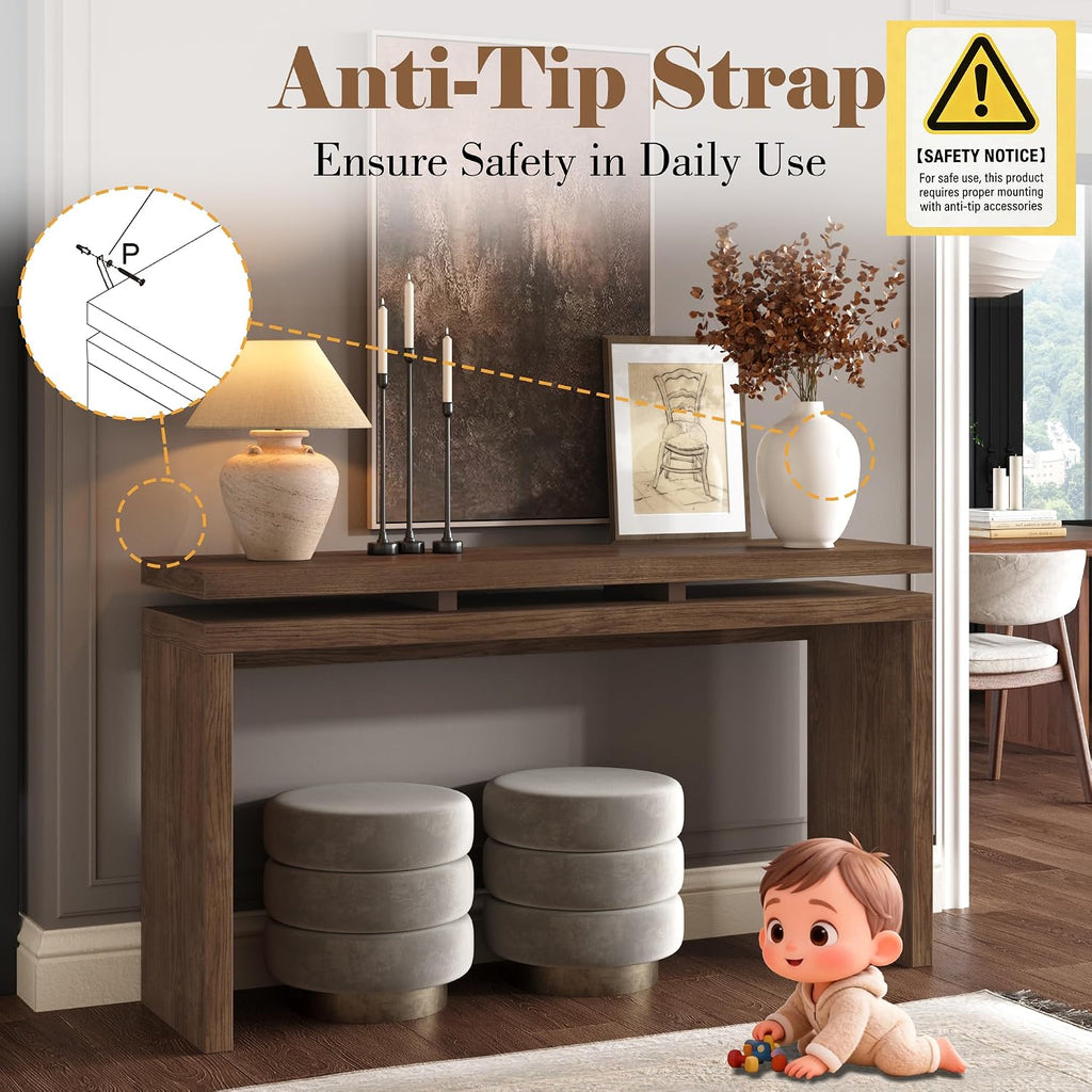 60" Antique Natural Farmhouse Console Table with Double Board Suspension Design, Versatile Buffet Sideboard, Retro Wooden Sofa Side Table for Entryway, Hallway and Living Room (Antique Brown-02)