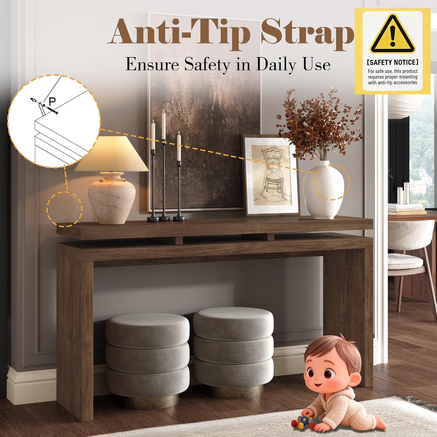 60" Antique Natural Farmhouse Console Table with Double Board Suspension Design, Versatile Buffet Sideboard, Retro Wooden Sofa Side Table for Entryway, Hallway and Living Room (Antique Brown-02)