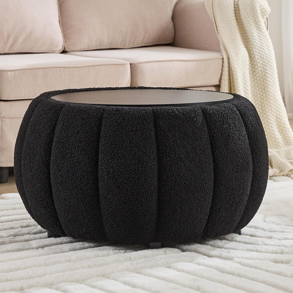 YDcosyfy 30 Inches Round Ottoman Coffee Table with Storage, Upholstered Ottoman in Boucle Teddy Fabric, Wooden Top with Tray, Soft Pumpkin Shape Design,for Living Room, Bedroom, Lounge, Black