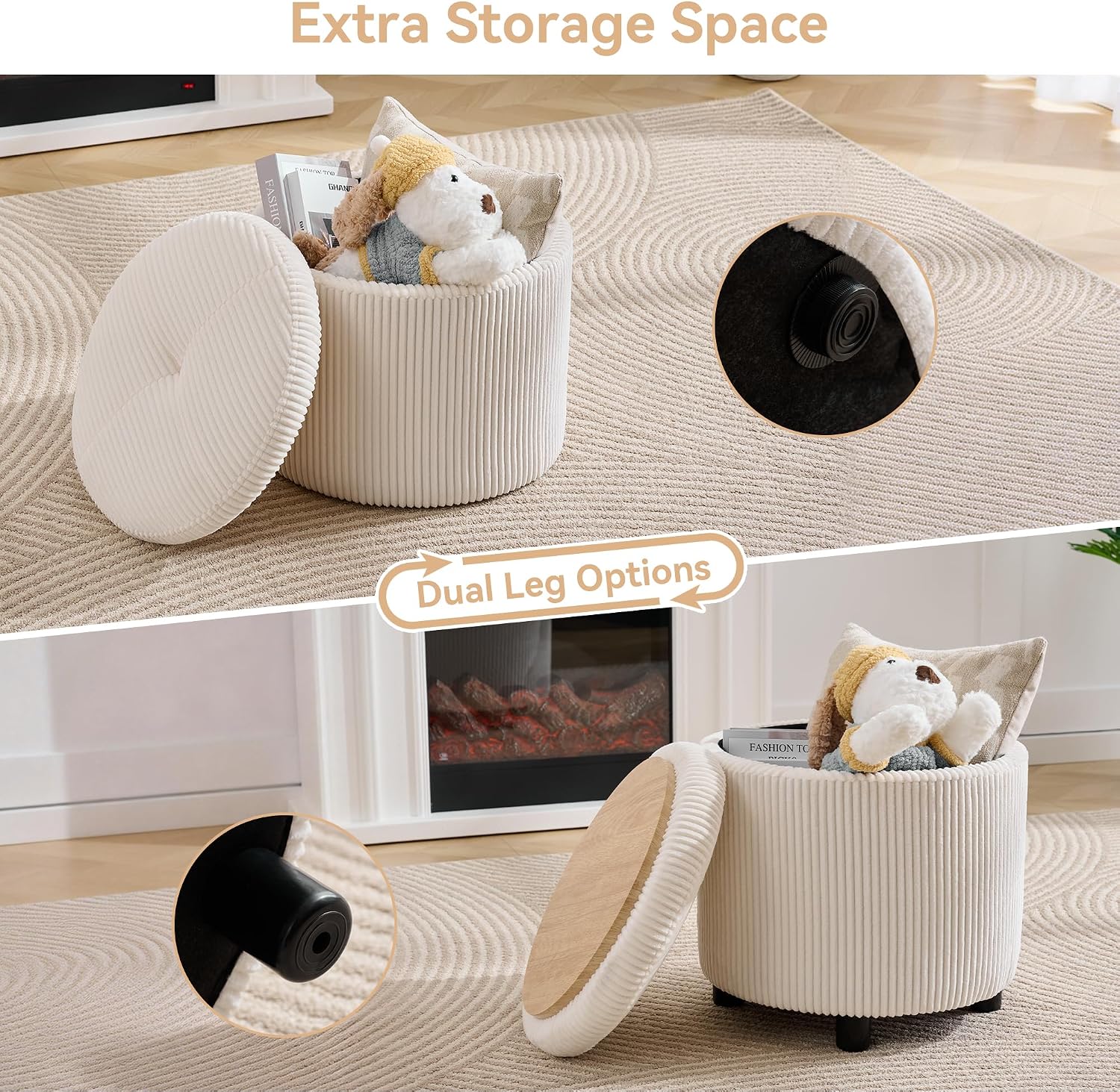 WUTUTUEE Corduroy Storage Ottoman with Flip-Top Tray, Modern Upholstered Ottoman Coffee Table, Dual Leg Options Ottoman Footrest for Living Room, Bedroom, Office, White