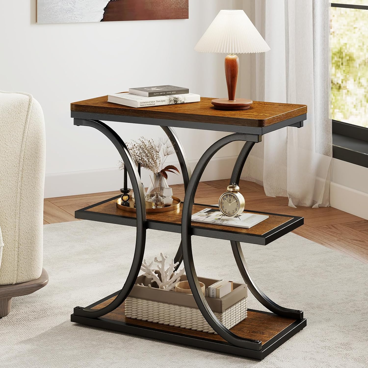 BECHAEO 24" End Tables Living Room, Industrial 3-Tier Small Side Table with Storage Shelves, Wood Sofa Table with Geometric Metal Frame, Multi-Functional Nightstand for Bedroom