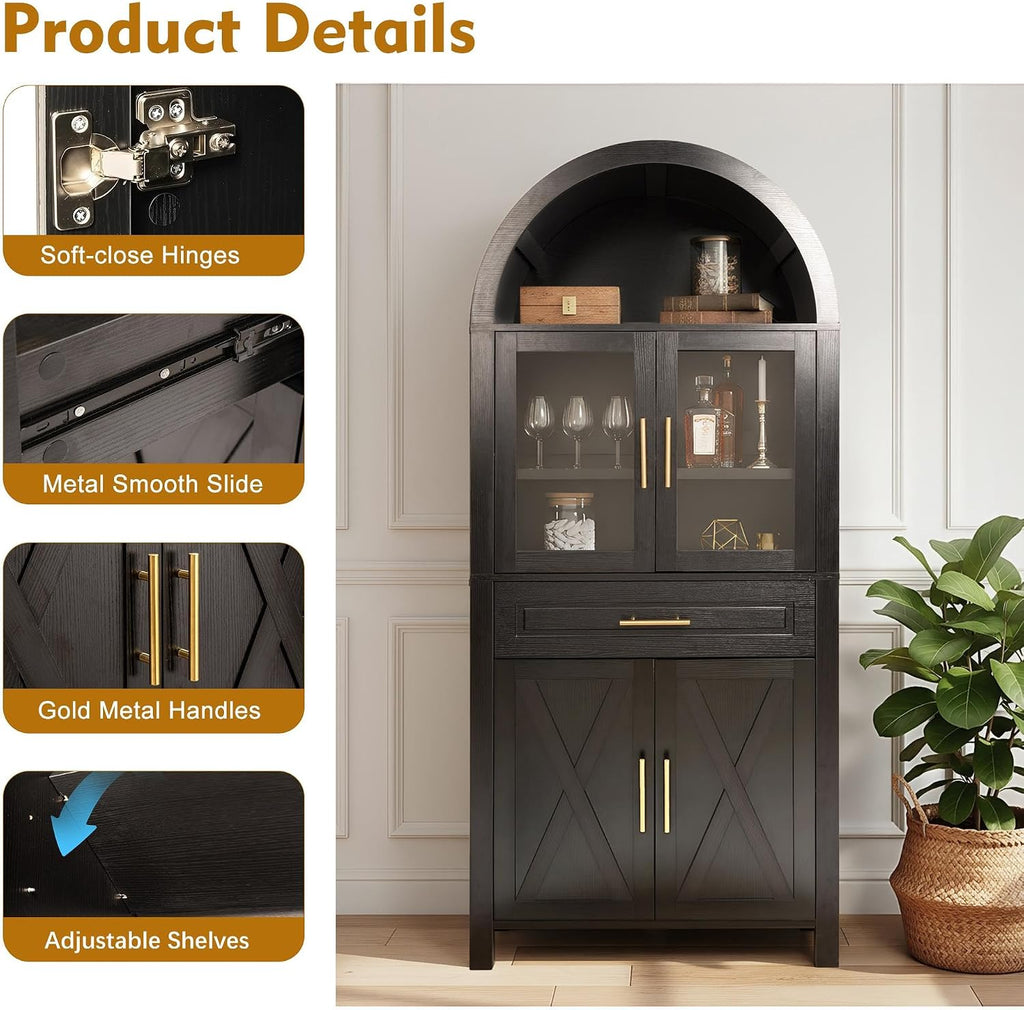 71" Tall Farmhouse Pantry Cabinet, Arched Glass Door Kitchen Storage Cabinet with Barn Door Design, Freestanding Buffet Cabinet with Adjustable Shelves for Kitchen,Living Room,Dining Room,Black