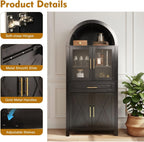 71" Tall Arched Kitchen Pantry Cabinet, Farmhouse Freestanding Food Pantry with Glass Door, Barn Door Design and Adjustable Shelves, Storage Cupboard for Kitchen, Living & Dining Room,Black