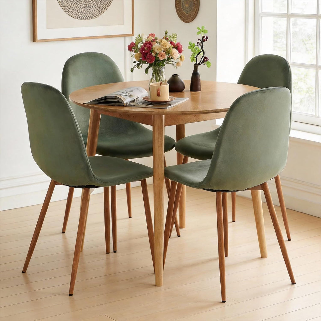 Small Dining Table Set for 4, Modern Round Dining Table with 4 Velvet Dining Chairs in Metal Legs, Easy Assembly for Compact Spaces - Green