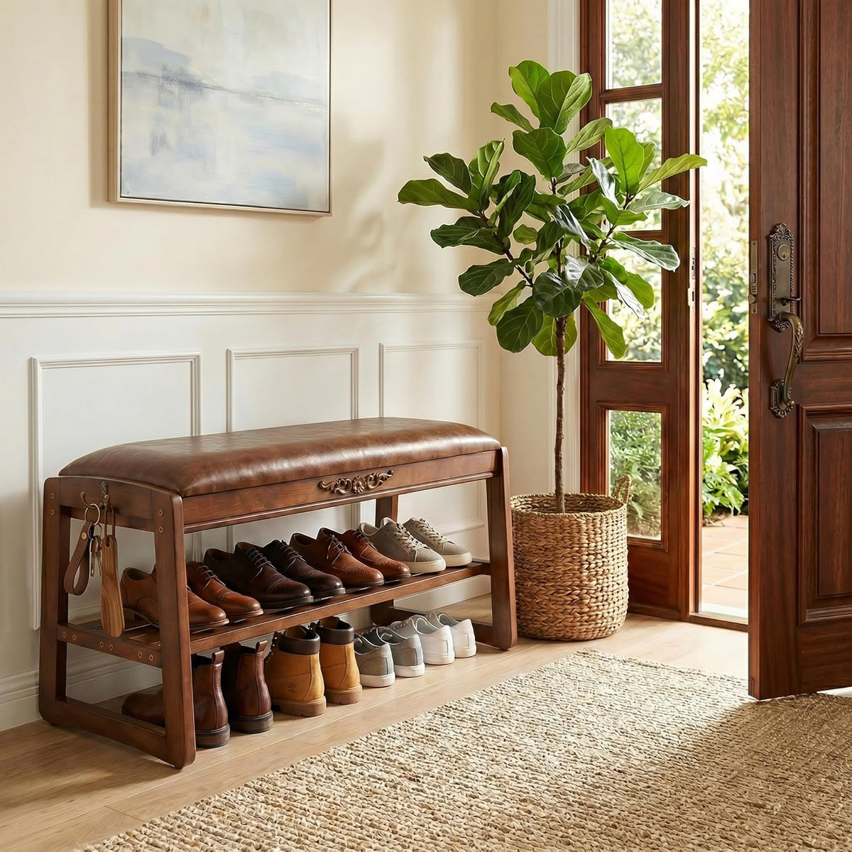 Shoe Rack Bench,2 Tiers Shoe Bench with Storage with Flip-Top,Wood Shoe Rack for Entryway,Hallway(Solid Upholstered Seat,31.5")