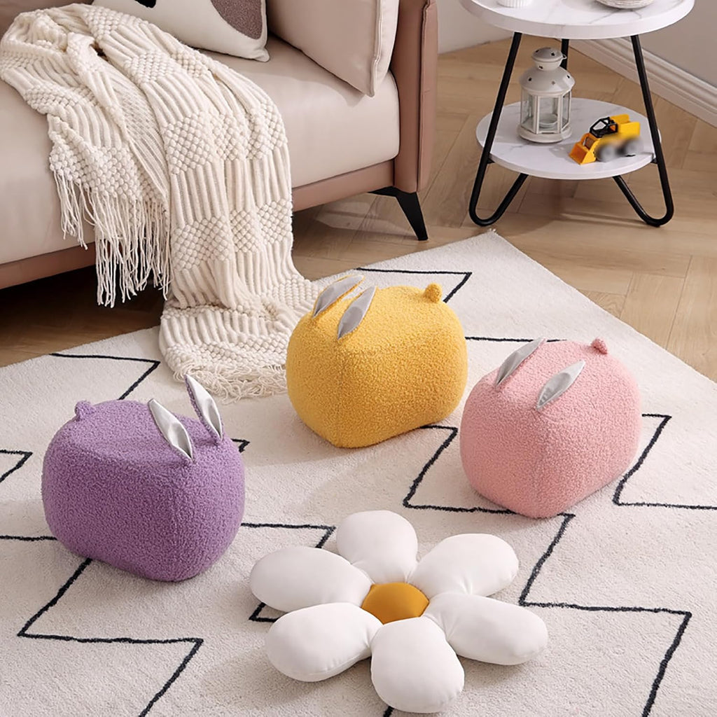 Teddy Fleece Pouf Ottoman, Rabbit Shaped Footstool Upholstered Sofa Foot Rest with Solid Wood Frame, Entrance Changing Shoes Home Decoration for Living Room Bedroom(23x35x23cm(9x14x9), Blue)