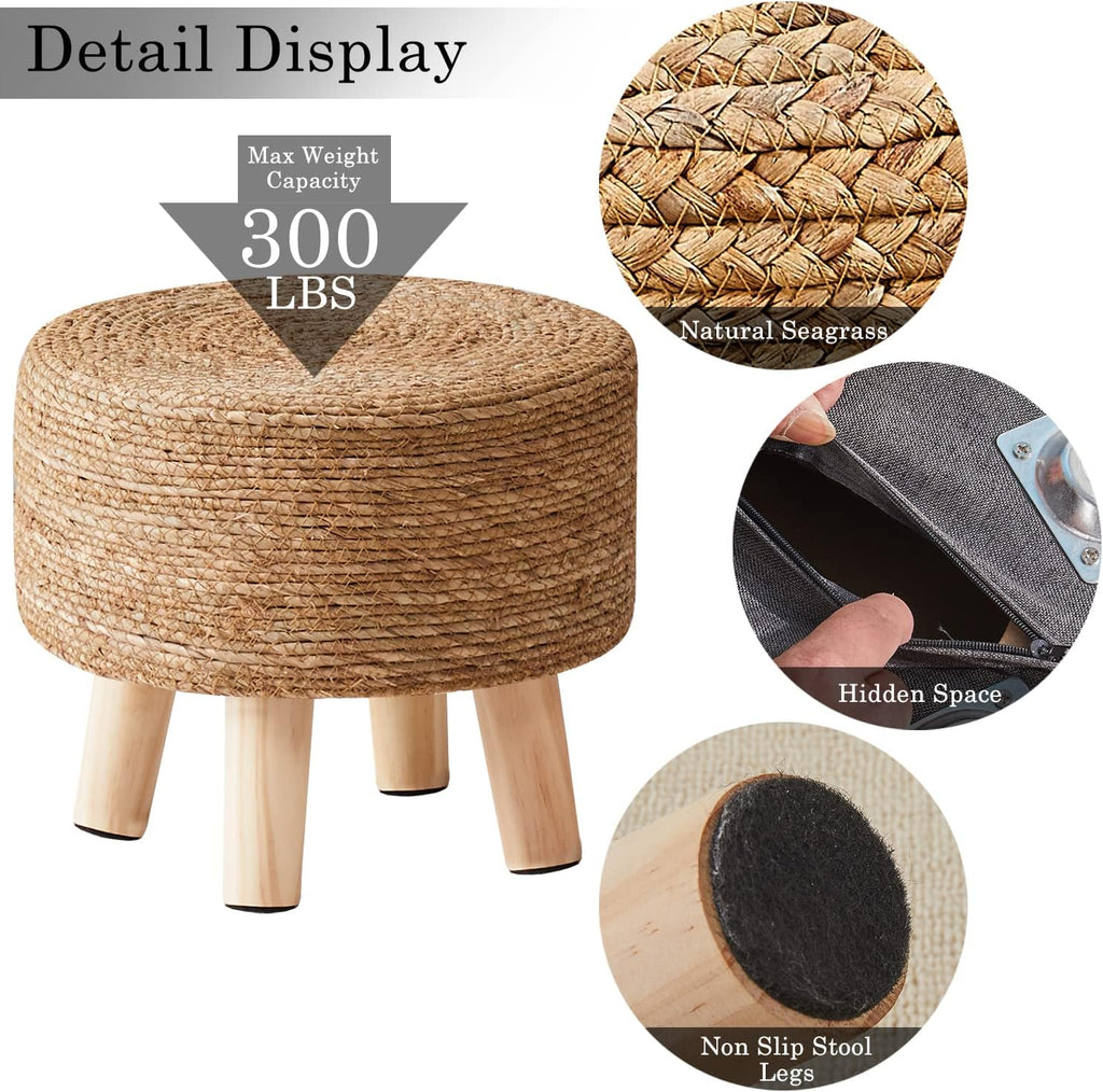 Cpintltr Foot Stool Natural Seagrass Hand Weave Poufs Round Ottoman for Couch Desk Soft Step Stool Padded Foot Rest with Non-Skid Pine Legs for Hallway Office Lounge Natural
