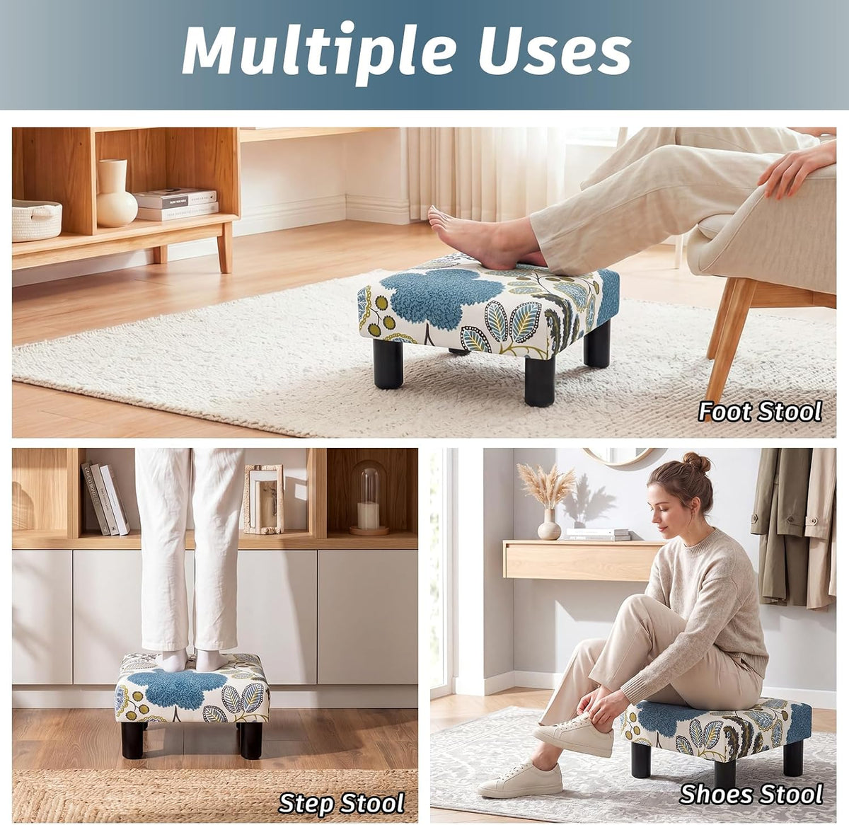 Joveco Small Foot Rest Stool Ottoman, Square Upholstered Fabric Footstool for Couch, Under Desk, Office, Living Room, Blue Floral
