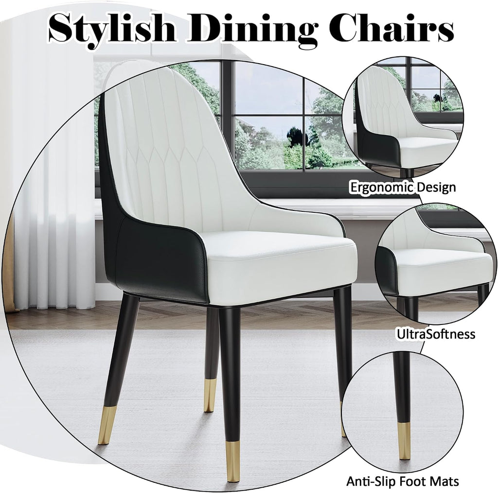 AF ARTISAN FURNITURE Black White Dining Chairs Set of 2 with High Backs Mid Century Modern Kitchen Dining Room Chairs PU Faux Leather Upholstered Large Padded Accent Chair with Legs