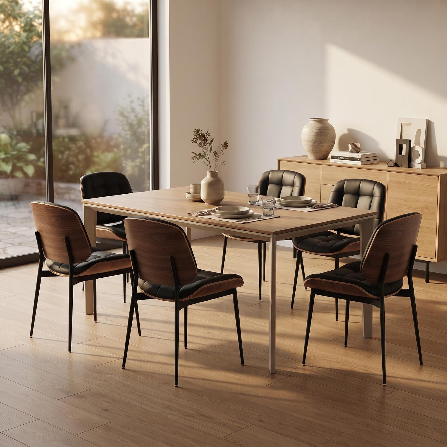GrandNoor Mid Century Modern Dining Chairs with Walnut Grain Back, Black Faux Leather Dining Room Chairs Set of 4, Checkered Soft Cushion Kitchen Chairs with Adjustable Foot Pads