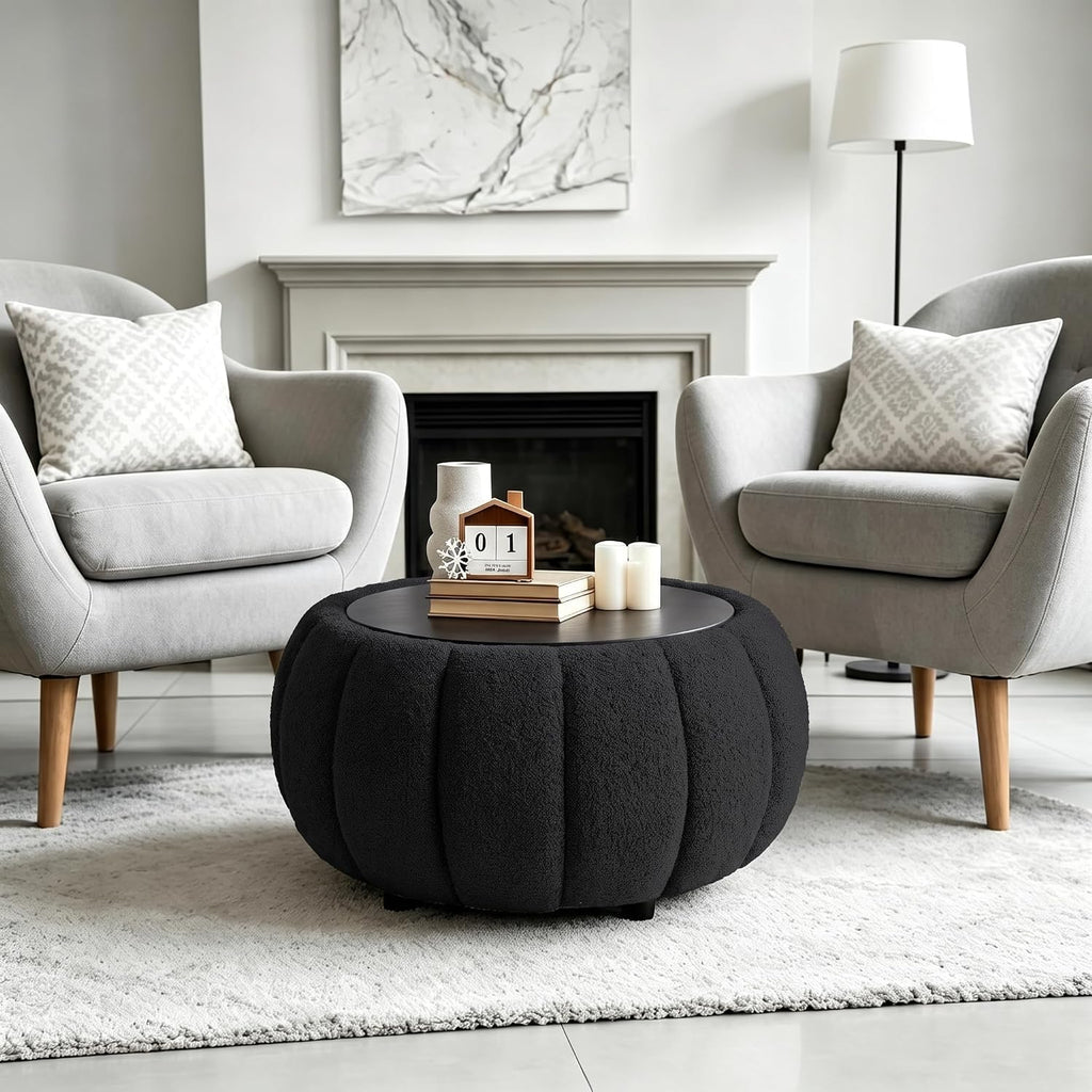 YDcosyfy 30 Inches Round Ottoman Coffee Table with Storage, Upholstered Ottoman in Boucle Teddy Fabric, Wooden Top with Tray, Soft Pumpkin Shape Design,for Living Room, Bedroom, Lounge, Black