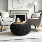 YDcosyfy 30 Inches Round Ottoman Coffee Table with Storage, Upholstered Ottoman in Boucle Teddy Fabric, Wooden Top with Tray, Soft Pumpkin Shape Design,for Living Room, Bedroom, Lounge, Black