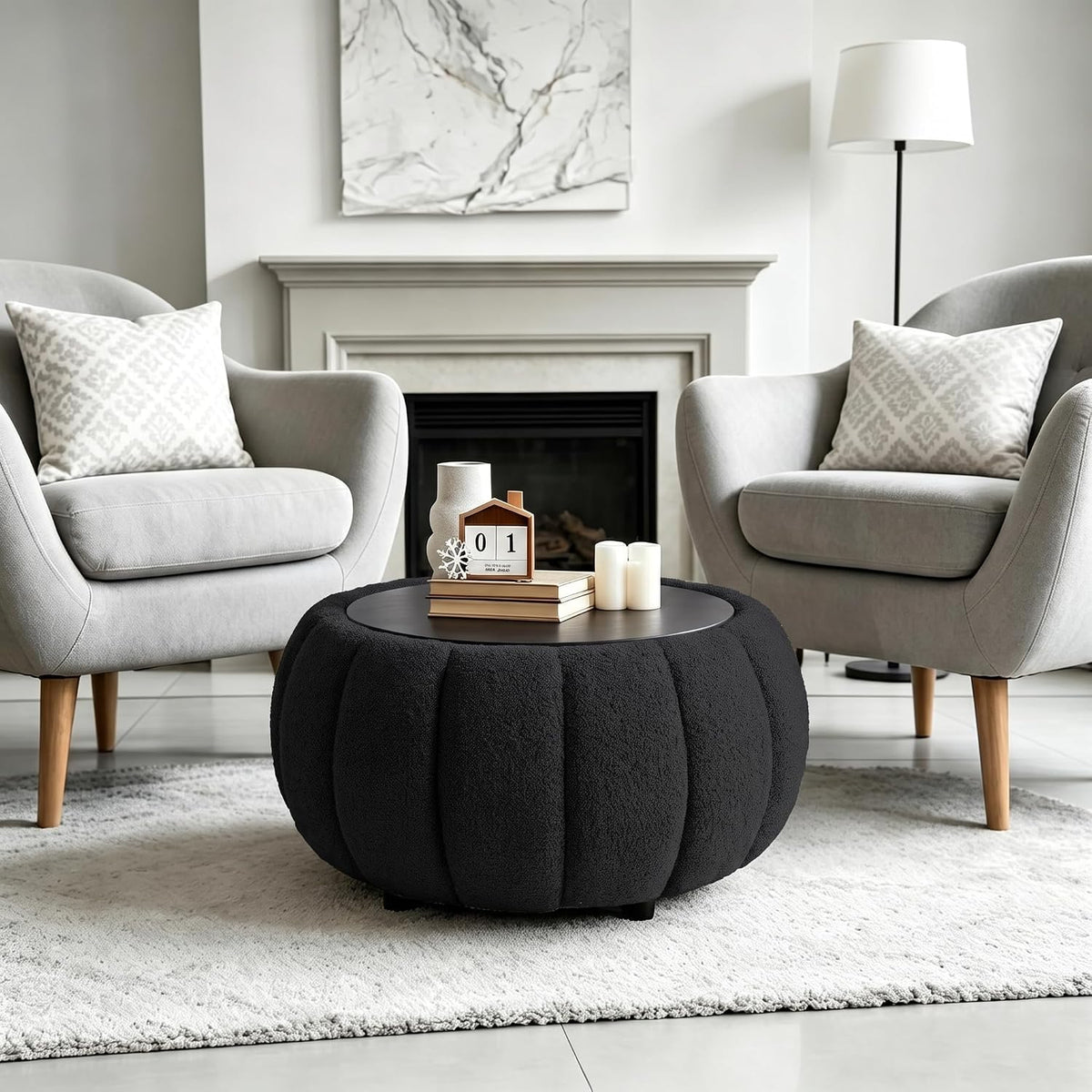 YDcosyfy 30 Inches Round Ottoman Coffee Table with Storage, Upholstered Ottoman in Boucle Teddy Fabric, Wooden Top with Tray, Soft Pumpkin Shape Design,for Living Room, Bedroom, Lounge, Black
