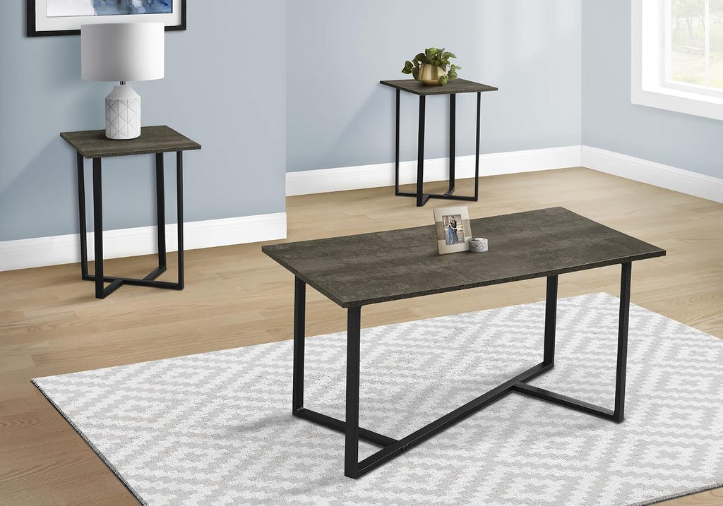 Dark Brown Laminate 3-Piece Table Set with Black Metal Base Coffee Table and Matching End Tables for Modern Living Room Contemporary Style Furniture Easy Assembly