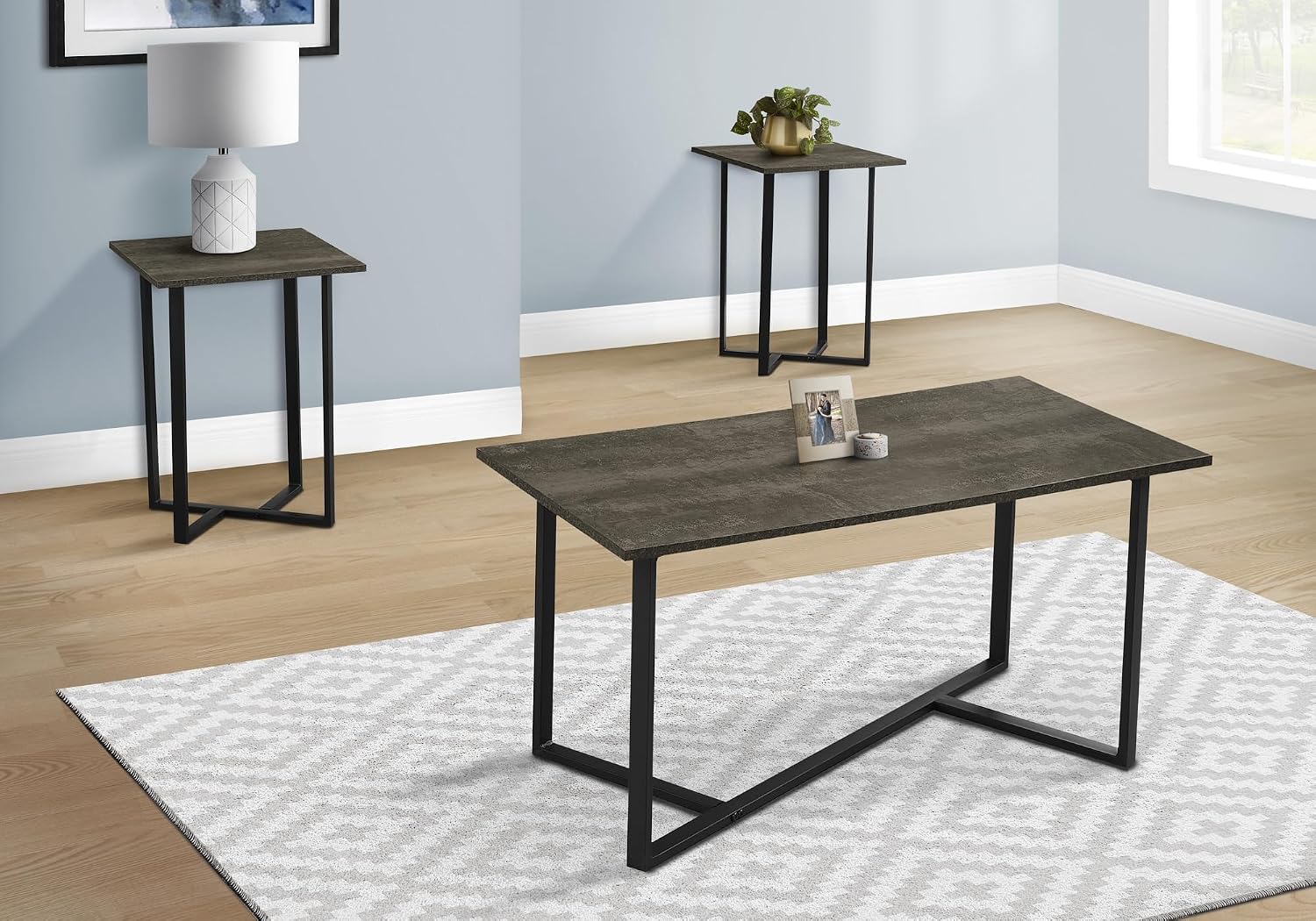 Dark Brown Laminate 3-Piece Table Set with Black Metal Base Coffee Table and Matching End Tables for Modern Living Room Contemporary Style Furniture Easy Assembly