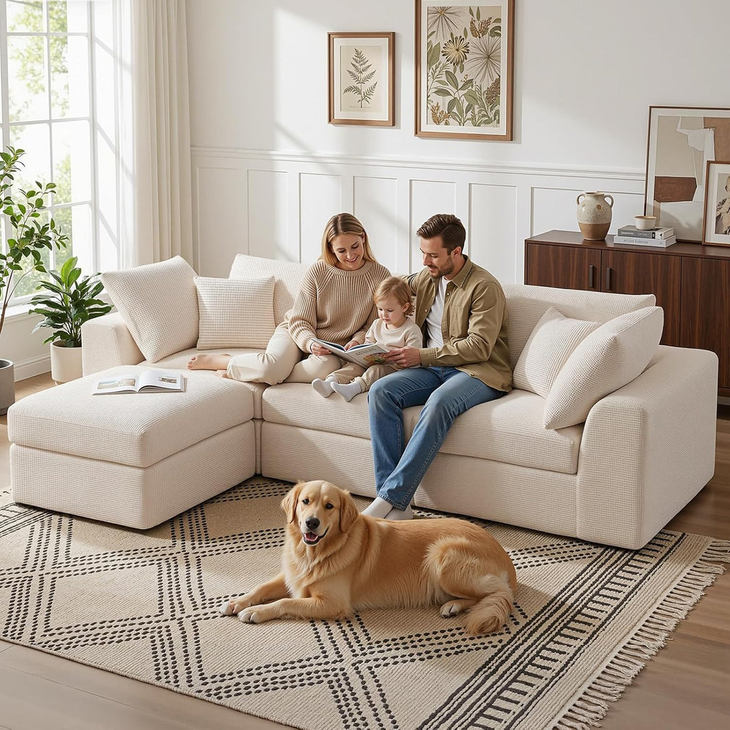 Benazcap 110" Cloud Sectional Couches for Living Room, L-Shaped Convertible Sofa, 3-Seat Modular Couch with Movable Ottoman, Beige