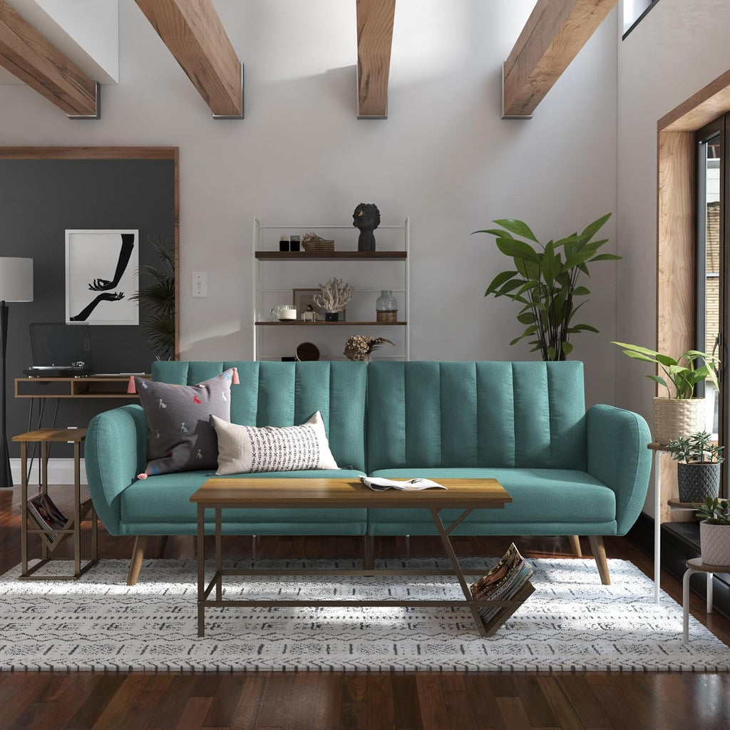 Novogratz Brittany 82 Inch Futon Sofa Bed in Faux Leather, Upholstered Couch Sleeper with Tufted Back, Mid-Century Modern Design, Teal