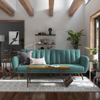 Novogratz Brittany 82 Inch Futon Sofa Bed in Faux Leather, Upholstered Couch Sleeper with Tufted Back, Mid-Century Modern Design, Teal