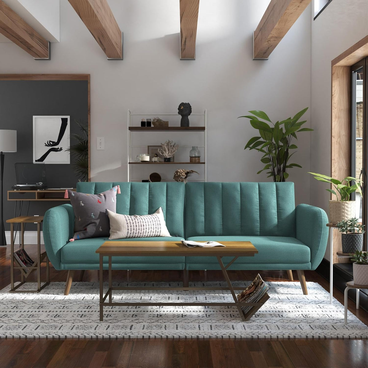 Novogratz Brittany 82 Inch Futon Sofa Bed in Faux Leather, Upholstered Couch Sleeper with Tufted Back, Mid-Century Modern Design, Teal
