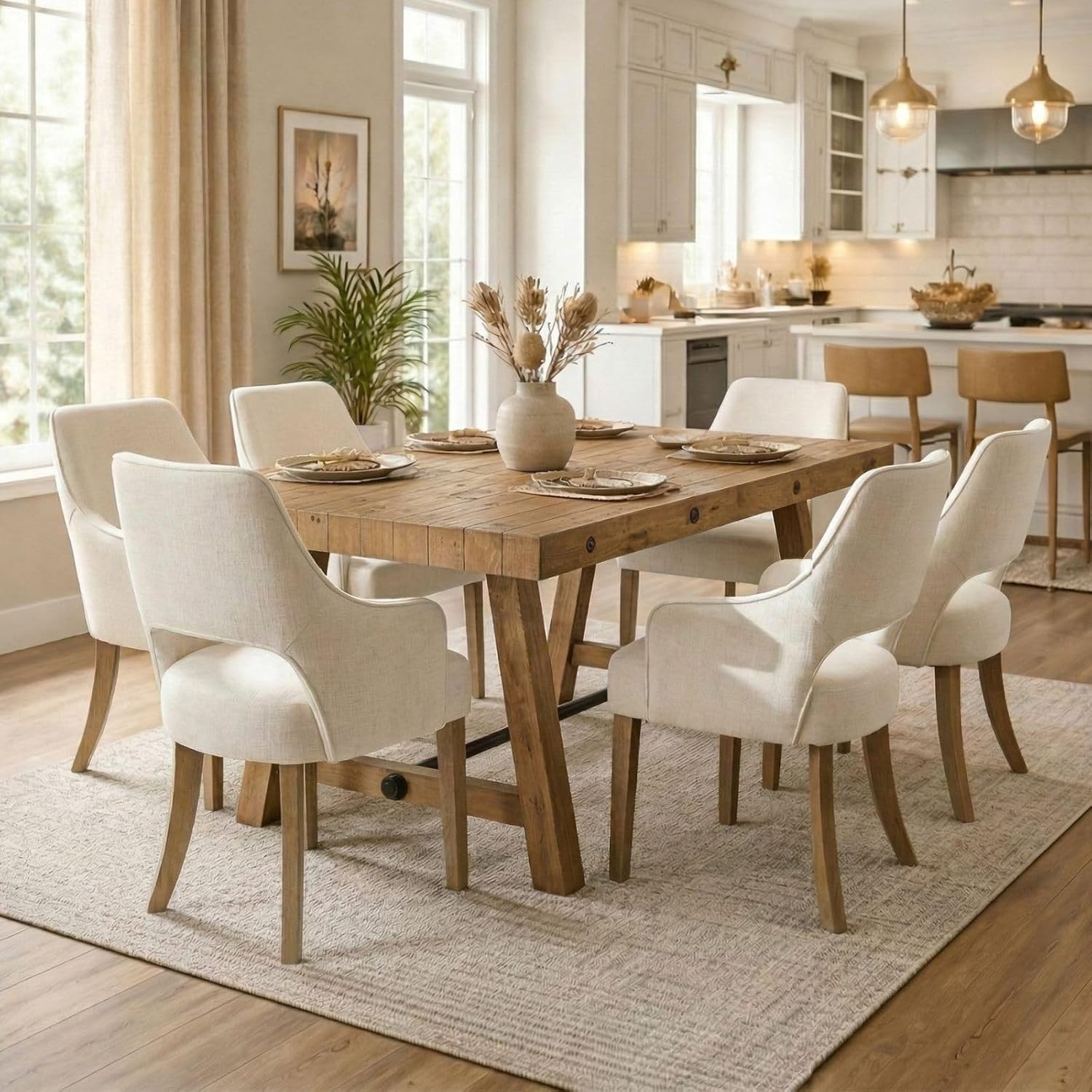 7-Piece Farmhouse Wooden Dining Room Table Set for 6, 59" Reclaimed Wood Dining Table with Upholstered Chairs, Solid Wood Kitchen Table & Chair Set for Dining/Kitchen Room, Brown