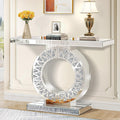 Modern Mirrored Entryway Console Tables with Crushed Diamond Inlay, 39.4" Long Silver Hallway Table for Entryway, O-Shaped Base Luxury Glass Foyer Table for Home Decor
