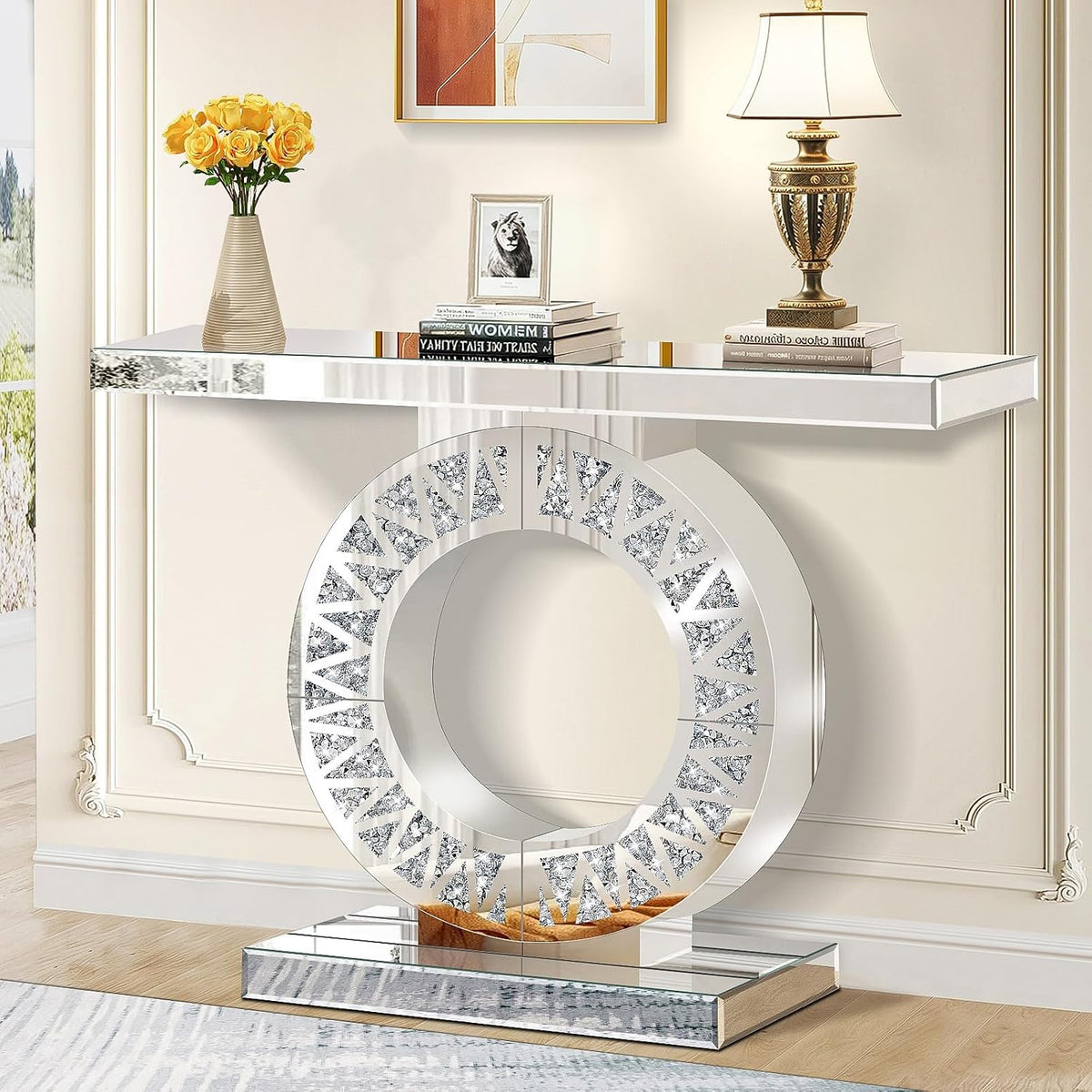 Modern Mirrored Entryway Console Tables with Crushed Diamond Inlay, 39.4" Long Silver Hallway Table for Entryway, O-Shaped Base Luxury Glass Foyer Table for Home Decor